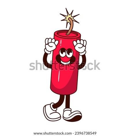 Groovy firecracker character vector illustration. Cartoon isolated retro comic sticker of red dynamite stick of firecracker with lit fuse, explosive petard with funny pose and expression on face