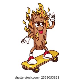 Groovy firewood cartoon character riding skateboard. Funny retro burning wood with tongue hanging out and rock horn gesture. BBQ mascot, cartoon firewood sticker of 70s 80s vector illustration