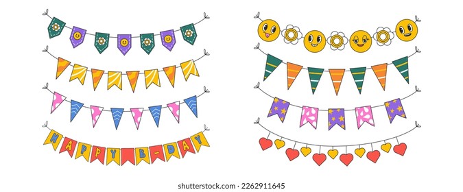Groovy flags for Birthdays. Colorful retro bunting and garlands. 70s, 80s, 90s vibes. Vintage element for card, poster and print