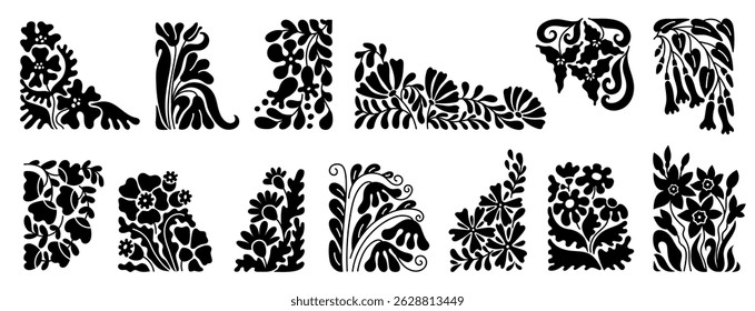 Groovy floral borders. Abstract flower frame element with decorative botanic silhouettes, retro minimal boho leaf plant corner vintage design. Vector naive flourish set.