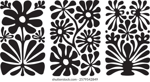 groovy floral botanical black background in trendy naive retro hippie 60s 70s style | Groovy abstract flower posters | Floral doodle patterns | silhouette abstract wavy flower | Vector in simple