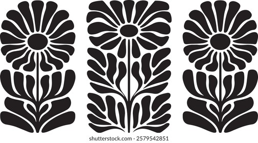 groovy floral botanical black background in trendy naive retro hippie 60s 70s style | Groovy abstract flower posters | Floral doodle patterns | silhouette abstract wavy flower | Vector in simple