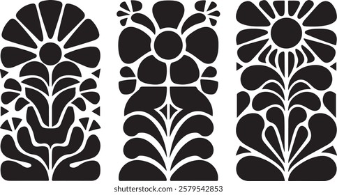 groovy floral botanical black background in trendy naive retro hippie 60s 70s style | Groovy abstract flower posters | Floral doodle patterns | silhouette abstract wavy flower | Vector in simple