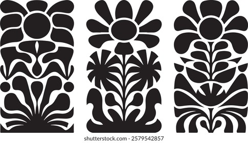 groovy floral botanical black background in trendy naive retro hippie 60s 70s style | Groovy abstract flower posters | Floral doodle patterns | silhouette abstract wavy flower | Vector in simple