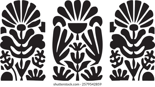 groovy floral botanical black background in trendy naive retro hippie 60s 70s style | Groovy abstract flower posters | Floral doodle patterns | silhouette abstract wavy flower | Vector in simple