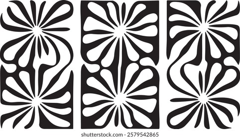 groovy floral botanical black background in trendy naive retro hippie 60s 70s style | Groovy abstract flower posters | Floral doodle patterns | silhouette abstract wavy flower | Vector in simple