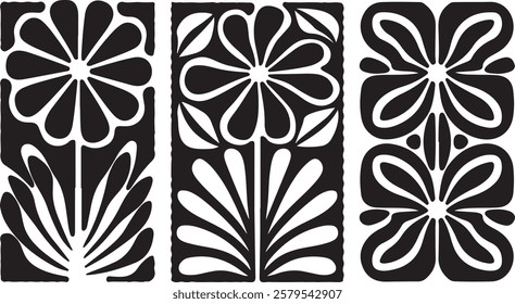 groovy floral botanical black background in trendy naive retro hippie 60s 70s style | Groovy abstract flower posters | Floral doodle patterns | silhouette abstract wavy flower | Vector in simple