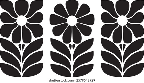 groovy floral botanical black background in trendy naive retro hippie 60s 70s style | Groovy abstract flower posters | Floral doodle patterns | silhouette abstract wavy flower | Vector in simple