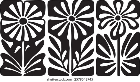 groovy floral botanical black background in trendy naive retro hippie 60s 70s style | Groovy abstract flower posters | Floral doodle patterns | silhouette abstract wavy flower | Vector in simple