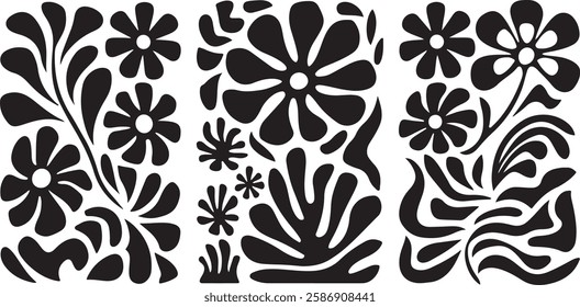 groovy floral botanical black background in trendy naive retro hippie 60s 70s style | Groovy abstract flower posters | Floral doodle patterns | silhouette abstract wavy flower | Vector in simple