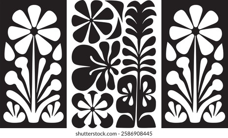 groovy floral botanical black background in trendy naive retro hippie 60s 70s style | Groovy abstract flower posters | Floral doodle patterns | silhouette abstract wavy flower | Vector in simple