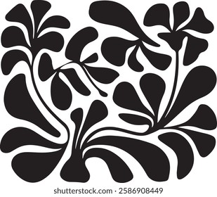 groovy floral botanical black background in trendy naive retro hippie 60s 70s style | Groovy abstract flower posters | Floral doodle patterns | silhouette abstract wavy flower | Vector in simple