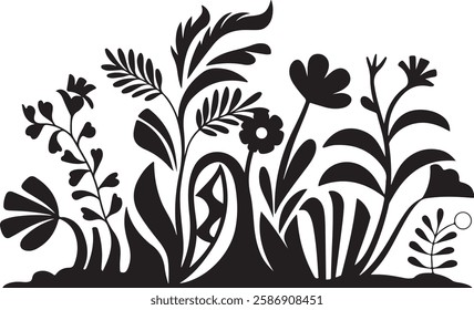 groovy floral botanical black background in trendy naive retro hippie 60s 70s style | Groovy abstract flower posters | Floral doodle patterns | silhouette abstract wavy flower | Vector in simple