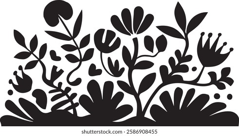 groovy floral botanical black background in trendy naive retro hippie 60s 70s style | Groovy abstract flower posters | Floral doodle patterns | silhouette abstract wavy flower | Vector in simple