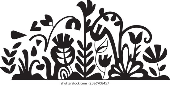 groovy floral botanical black background in trendy naive retro hippie 60s 70s style | Groovy abstract flower posters | Floral doodle patterns | silhouette abstract wavy flower | Vector in simple