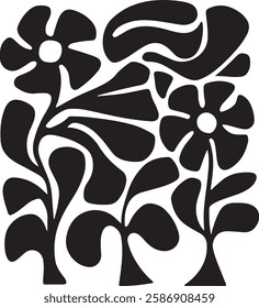 groovy floral botanical black background in trendy naive retro hippie 60s 70s style | Groovy abstract flower posters | Floral doodle patterns | silhouette abstract wavy flower | Vector in simple