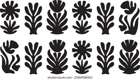 groovy floral botanical black background in trendy naive retro hippie 60s 70s style | Groovy abstract flower posters | Floral doodle patterns | silhouette abstract wavy flower | Vector in simple