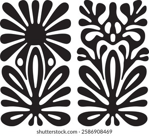 groovy floral botanical black background in trendy naive retro hippie 60s 70s style | Groovy abstract flower posters | Floral doodle patterns | silhouette abstract wavy flower | Vector in simple