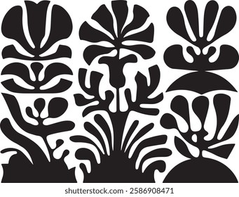 groovy floral botanical black background in trendy naive retro hippie 60s 70s style | Groovy abstract flower posters | Floral doodle patterns | silhouette abstract wavy flower | Vector in simple