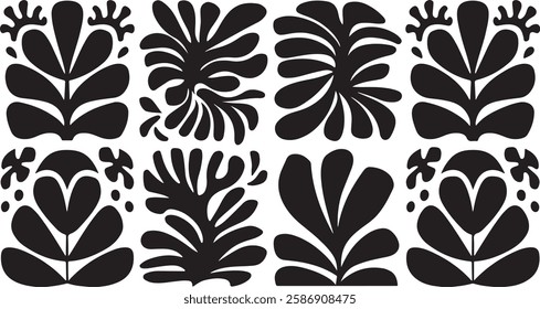 groovy floral botanical black background in trendy naive retro hippie 60s 70s style | Groovy abstract flower posters | Floral doodle patterns | silhouette abstract wavy flower | Vector in simple