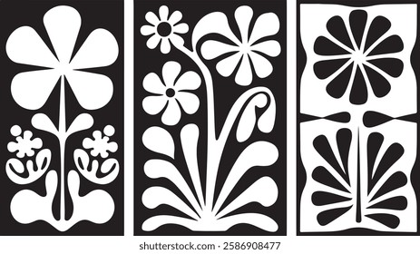 groovy floral botanical black background in trendy naive retro hippie 60s 70s style | Groovy abstract flower posters | Floral doodle patterns | silhouette abstract wavy flower | Vector in simple