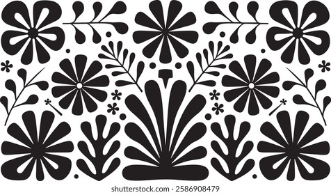 groovy floral botanical black background in trendy naive retro hippie 60s 70s style | Groovy abstract flower posters | Floral doodle patterns | silhouette abstract wavy flower | Vector in simple