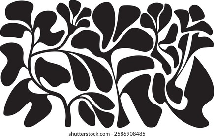 groovy floral botanical black background in trendy naive retro hippie 60s 70s style | Groovy abstract flower posters | Floral doodle patterns | silhouette abstract wavy flower | Vector in simple