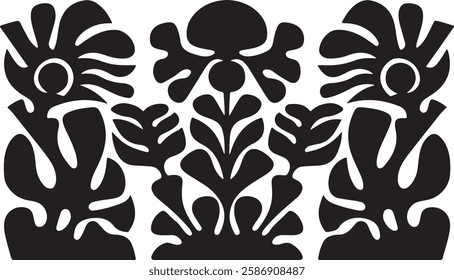 groovy floral botanical black background in trendy naive retro hippie 60s 70s style | Groovy abstract flower posters | Floral doodle patterns | silhouette abstract wavy flower | Vector in simple