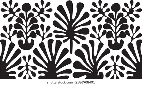 groovy floral botanical black background in trendy naive retro hippie 60s 70s style | Groovy abstract flower posters | Floral doodle patterns | silhouette abstract wavy flower | Vector in simple