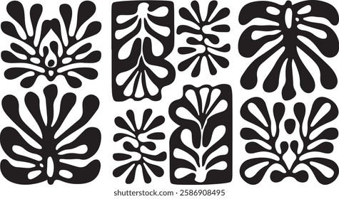 groovy floral botanical black background in trendy naive retro hippie 60s 70s style | Groovy abstract flower posters | Floral doodle patterns | silhouette abstract wavy flower | Vector in simple