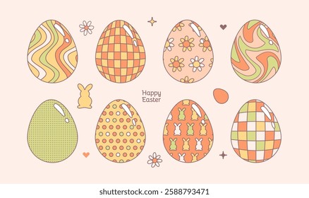 Groovy Floral Hippie Easter eggs set isolated on white. Alternative funny distorted and geometric patterned Retro Easter design. Contour vector illustration.