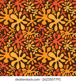 A groovy floral pattern with abstract yellow daisy flowers in hand drawn doodle style. Vector twisty summer floral decoration. Organic collage of simple nature flower shapes in vintage tones.