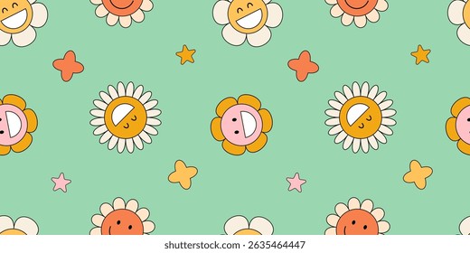 Groovy floral pattern with happy smiling faces. Hand drawn seamless floral bright design. Children's cartoon illustration for textile, packaging, wallpaper, prints.