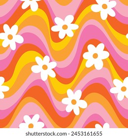 Groovy Floral Patrón Rosa Retro Floral Fondo Groovy Daisy Seamless Pattern