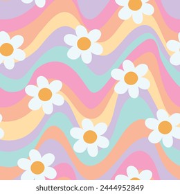 Groovy Floral Pattern Retro Floral Background Daisy Seamless Pattern Wavy Background