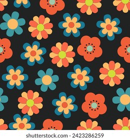 Patrón floral grueso en el estilo de los años 70 y 80 con flores de margarita sobre fondo oscuro