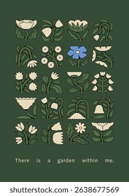 Groovy floral poster with bold outlines and flat colors. Retro folk flower design. Rewilding flowers set