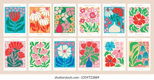 Groovy Floral posters for your design. Hand drawn Groovy prints with flowers and leaves. Postcards bohemian theme, Vector illustration.