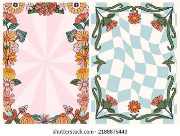 Groovy floral retro background for Posters Wall art, Invites and cards. Trendy 70s themed hand drawn floral template. 