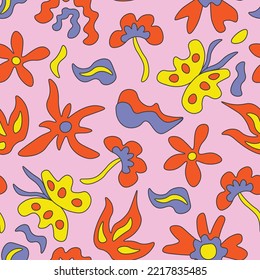 Groovy floral retro seamless pattern. Bright cartoon style psychedelic endless background with acid art hippie elements, liquid flowers, fluid leaves, butterfly, rainbow