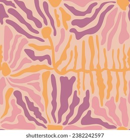 Groovy floral seamless pattern. Abstract floral textile vintage print. Retro flowers on a beige background. Pastel trendy garden ornament in 70s  style.