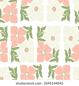 Groovy Floral Seamless Pattern. Abstract Folk Flower on White Background. Organic Ornament in trendy naive retro 60s 70s. Contemporary Aesthetic hippie. Vector Illustration. Not AI