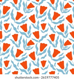 Groovy padrão floral sem emenda. Fundo xadrez com flores de tulipa abstratas. Moderno estilo moderno. Concepção da cobertura de superfície. Impressão têxtil de tecido.