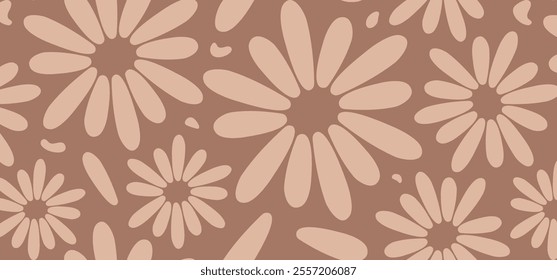 Groovy floral seamless pattern mocha mousse color, spring flower background, funky daisy print, cute summer chamomile. Abstract simple monochrome bg. Trendy colour 2025 year. Vector illustration