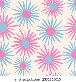 Groovy floral seamless pattern. Naive hand drawn daisy or chamomile. Pastel pink and blue flowers background. Cool funky design for fabric, textile, package, wrapping paper. print, card.