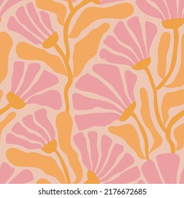 Groovy floral seamless pattern. Retro trippy cute pink flowers on a beige background. Summer abstract floral textile vintage print. Pastel trendy garden ornament in 70s moody style.