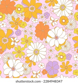 Groovy floral seamless pattern in retro style. Hand drawn blossom yellow vintage texture. Great for fabric, textile, wallpaper. Vector illustration