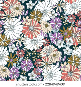 Groovy floral seamless pattern in retro style. Hand vintage drawn blossom vintage texture. Great for fabric, textile, wallpaper. Vector illustration