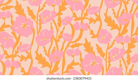 Groovy floral seamless pattern. Retro aesthetic pink poppy flowers on beige background. Vector illustration.