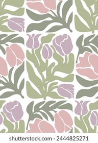 Groovy floral seamless pattern. Retro aesthetic spring flowers, tulips and leaves on white background. Vector illustration.